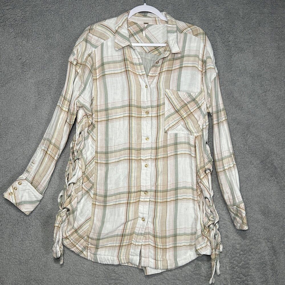 Free People Women's Large Plaid Pastel Dress Tied Sides Long Sleeve Button Down